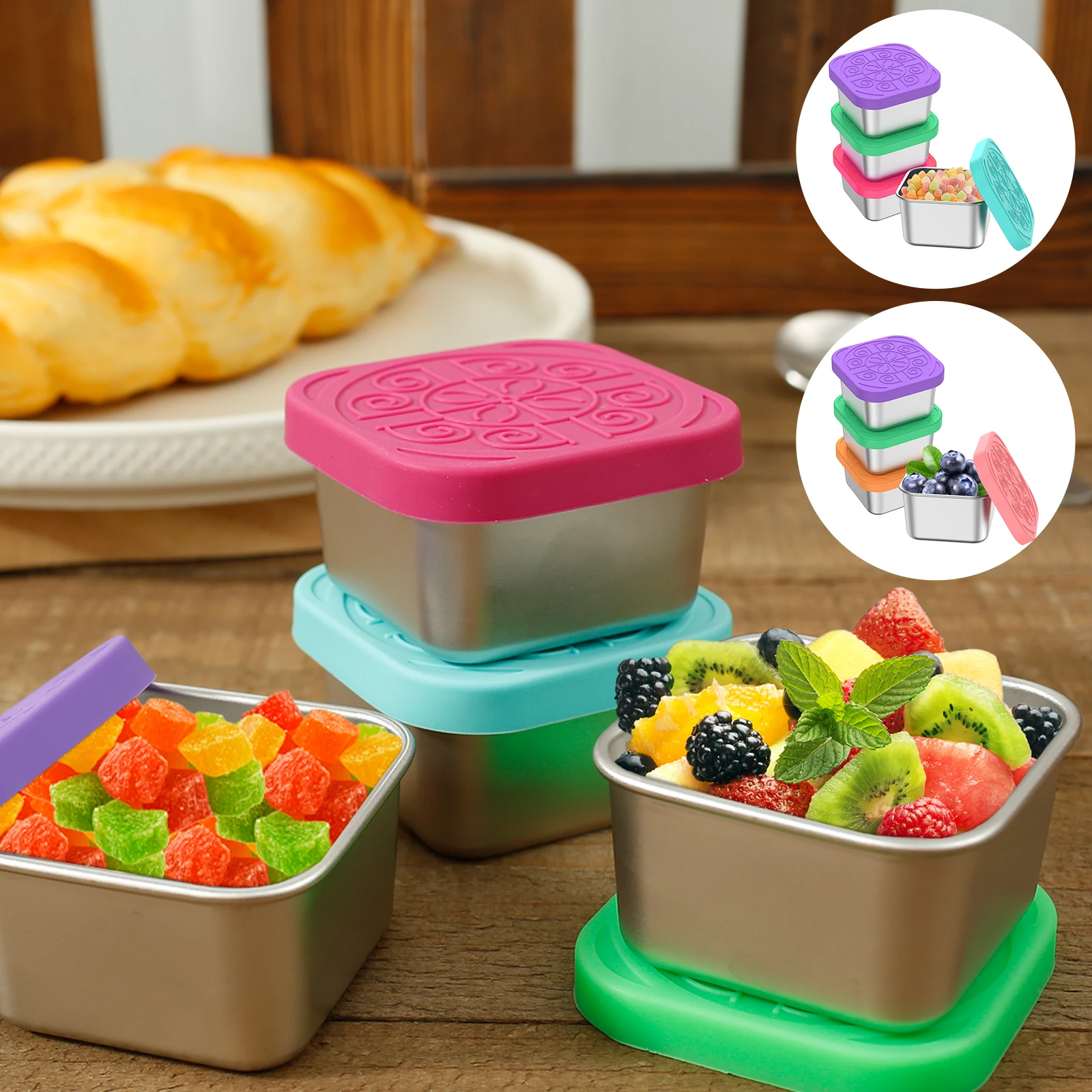 4 Pcs Sauce Cup Salad Dressing Container Stainless Steel with Silica Lids Leakproof Food Storage Snack Cup Bento Box Picnic