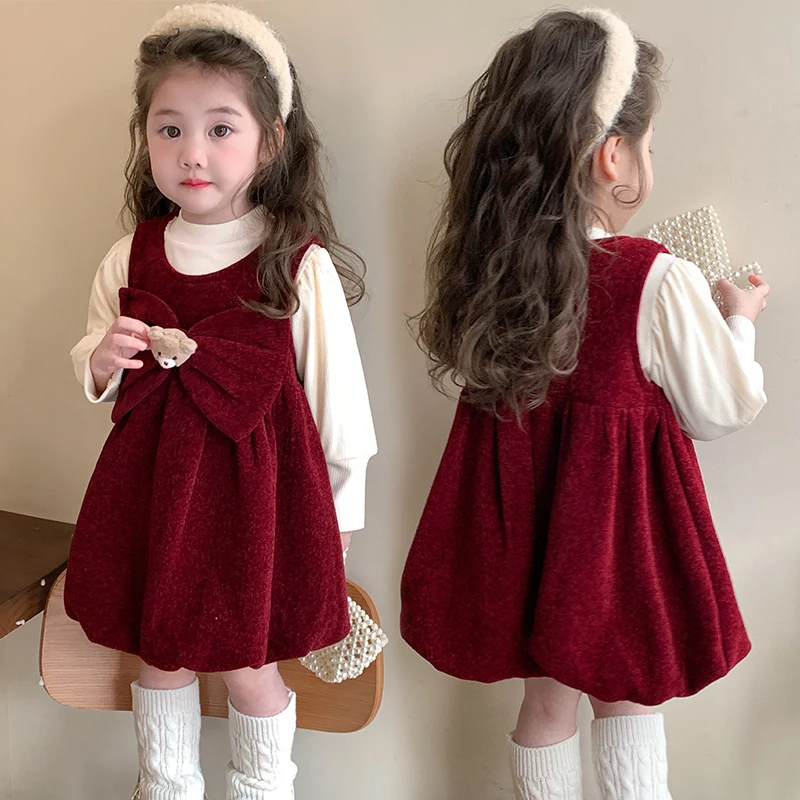 

Детский красный вельветовый комплект из 2 предметов, платье без рукавов на бархатной подкладке + белая рубашка, детский наряд для рождественской новогодней вечеринки для девочек 18 месяцев-8 лет