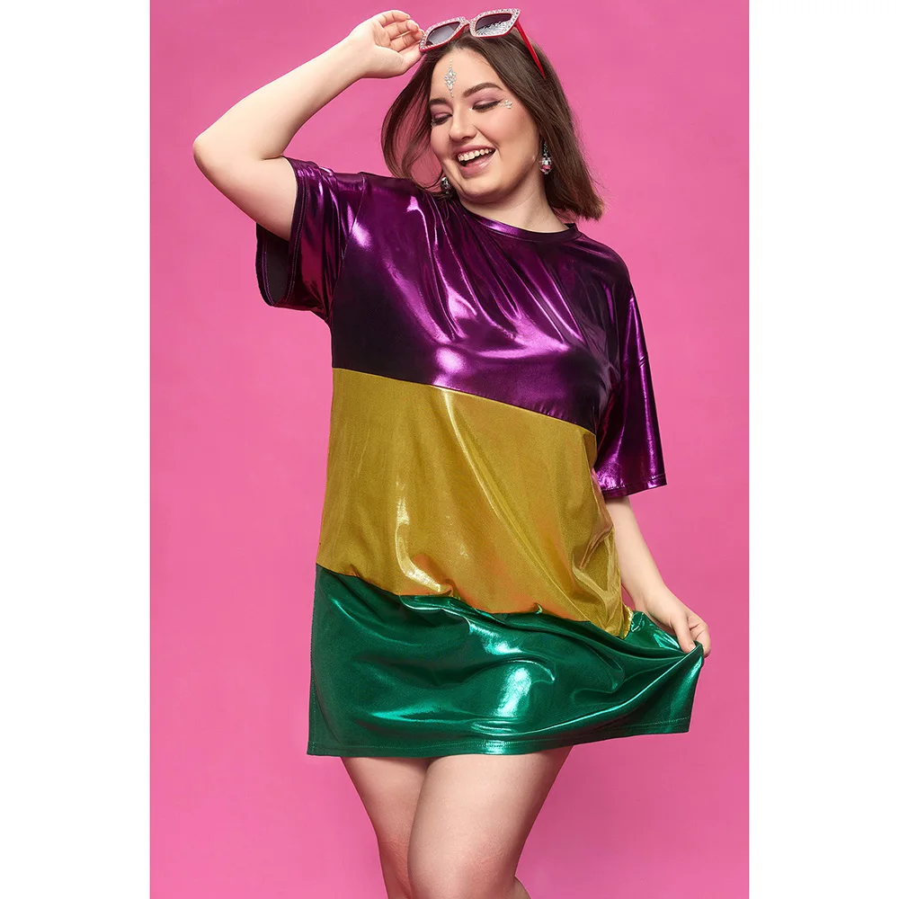 Plus Size Party Multicolor Lente Zomer Ronde Hals Korte Mouw Contrast Glitter Mini Jurken