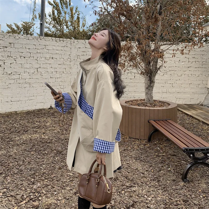 

SuperAen Khaki Color Contrast Pattern Hooded Trench Coat Women Spring and Autumn 2026 New Korean Style Oversize Coats