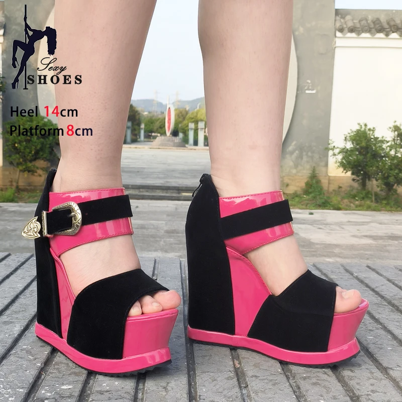 Model Fashion Show Summer Sandals 8CM Platform 14CM Super High Heels Thick Bottom Women Wedges Shallow Party Shoes Plus Size 43