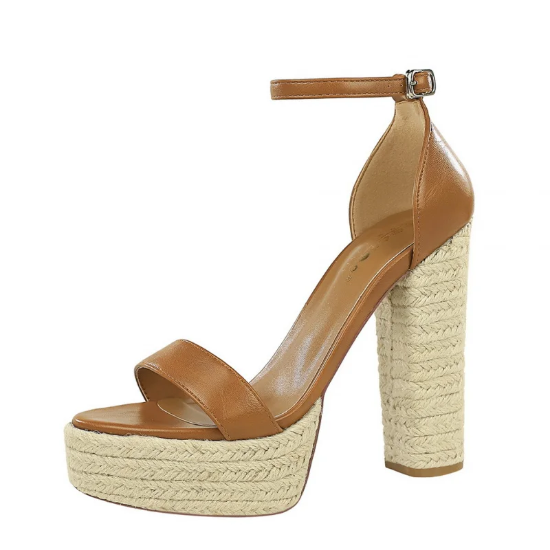 Zapatos de tacón tejido de paja vintage, sandalias con punta abierta, zapatos de mujer con plataforma y una correa de tacón ultra alto
