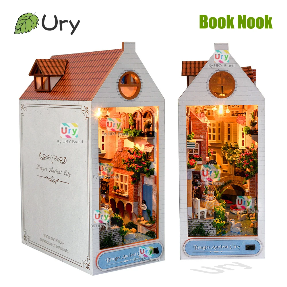 Ury 3D Wooden Puzzle LED DIY Book Nook European Venice Ancient City House Shelf Insert Miniature Fairy Tale Town Girl Xmas Gift