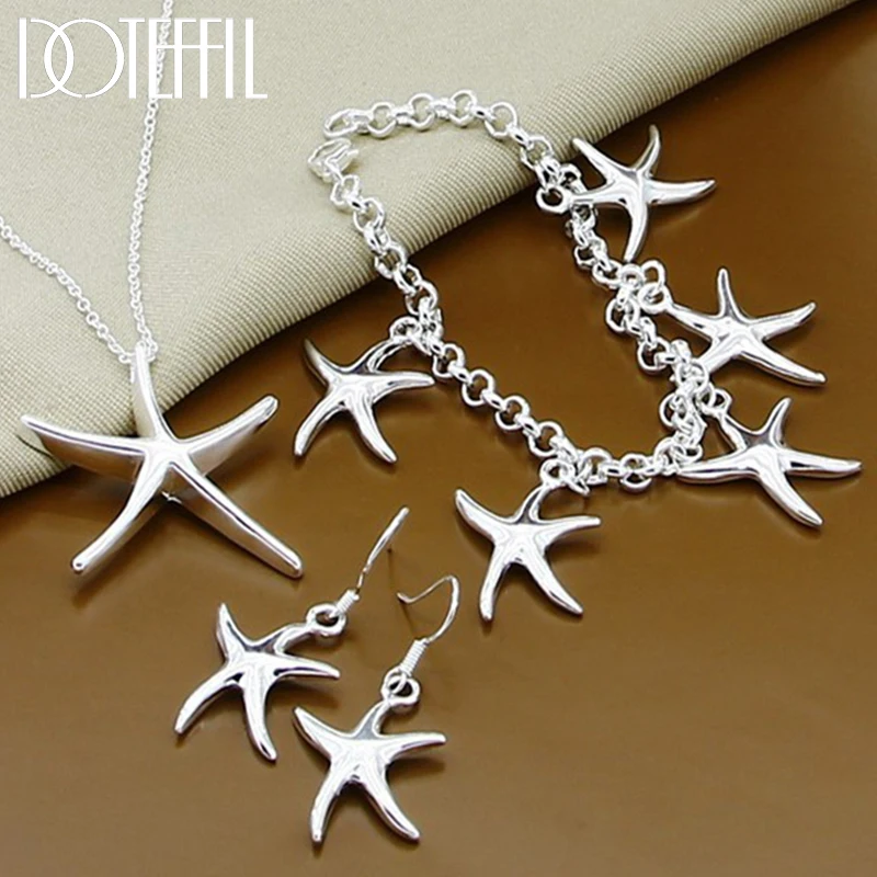 DOTEFFIL 925 Sterling Silver Starfish Pendant Necklace Bracelet Earring Set For Woman Wedding Engagement Fashion Charm Jewelry