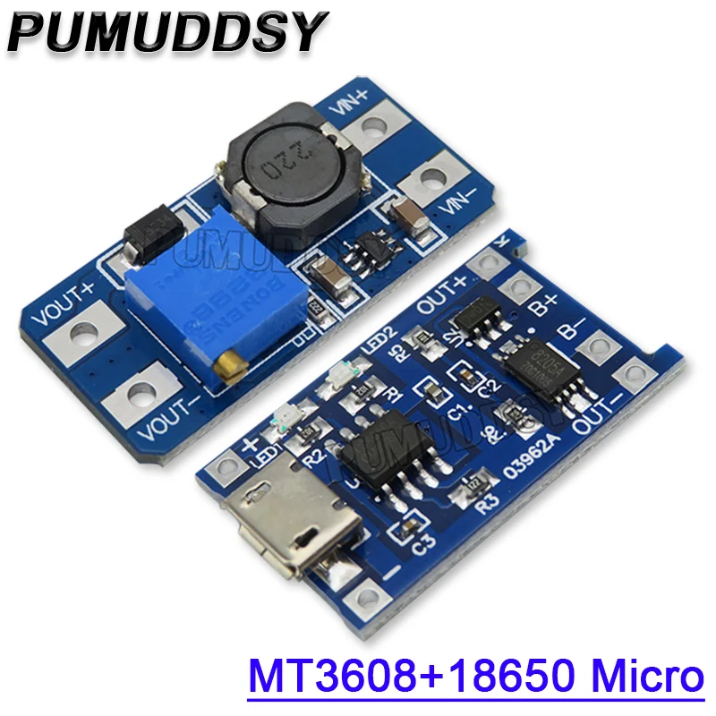 Micro USB TP4056 18650 5V 1A Lithium Battery Charger Module Charging Board With Protection + MT3608 2A DC-DC Step Up Converter