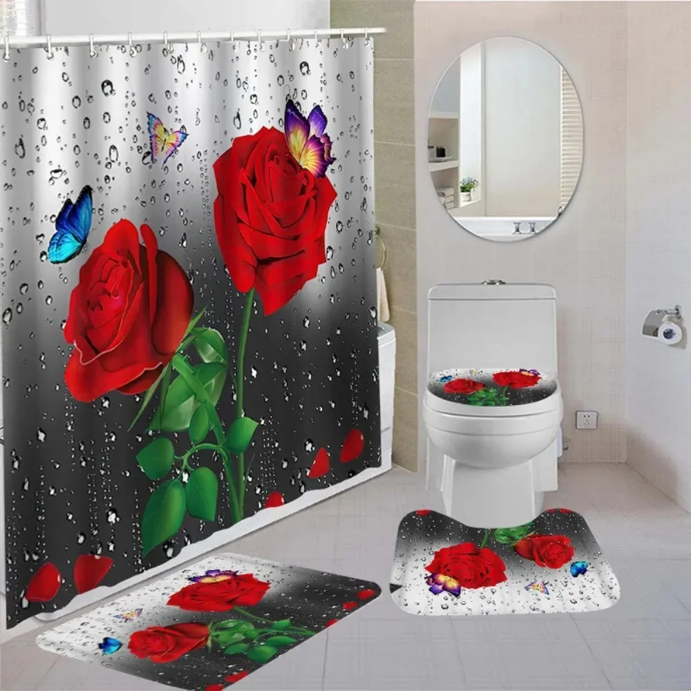 3D Rose Flower Shower Curtain Set Non-Slip Rugs Bath Mat Toilet Lid Cover and 12 Hooks Waterproof Polyester Bathroom Decor