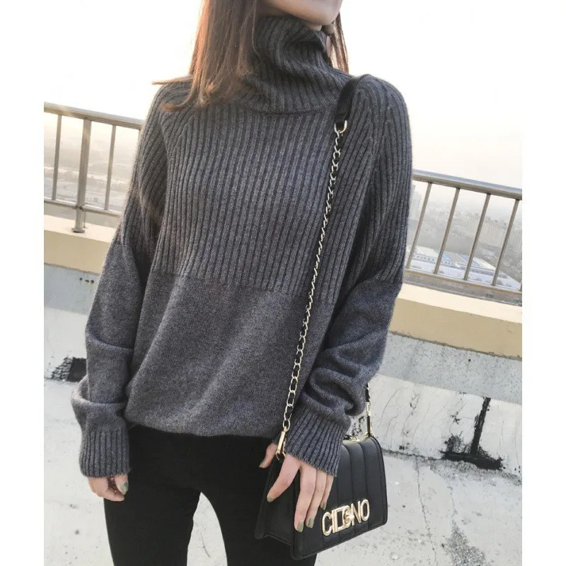 Modern Minimalist Daily Women's Turtleneck Knitted Pullover Long Sleeve Loose Fit Solid Color Warm Cozy Autumn Winter Sweater
