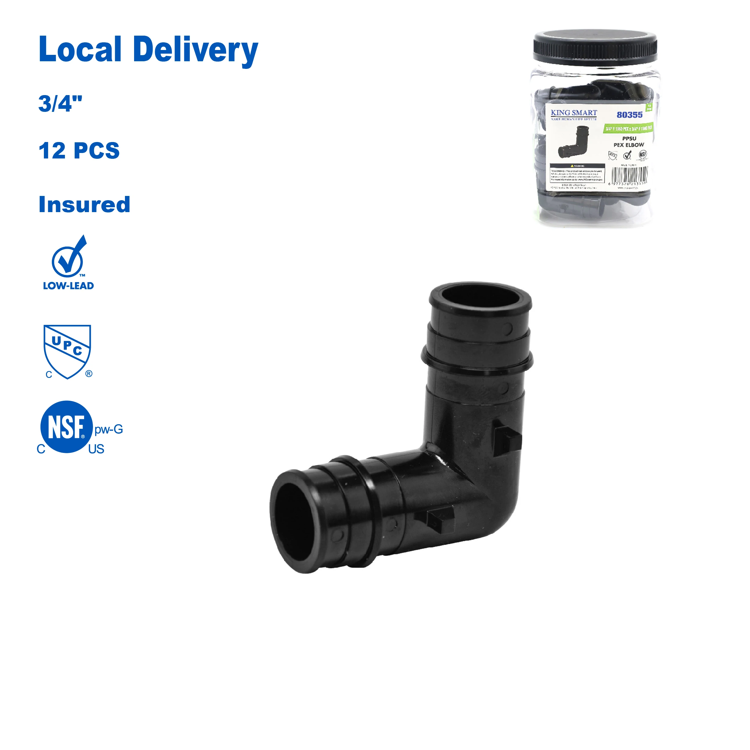

KING SMART F1960/Wisbo/PEX A Expansion 3/4" * 3/4" PEX Elbow; 12Pcs/Case; PPSU; 80355