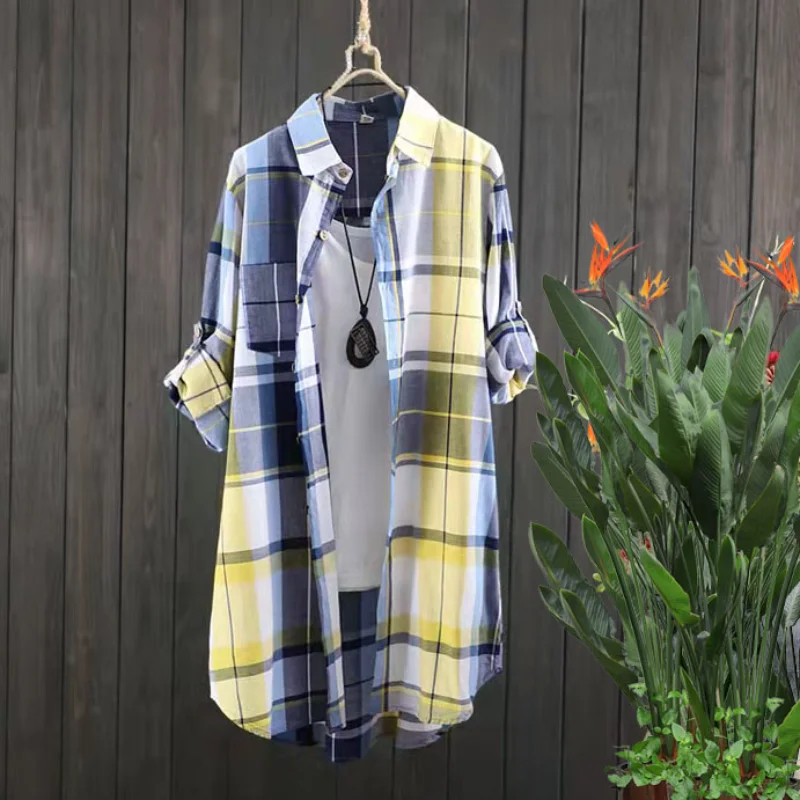Plaid Cotton Mid Length Blouses Women 2023 Autumn Long Sleeve Elegant Casual Shirt Korean Fashion New Loose Button Blouses