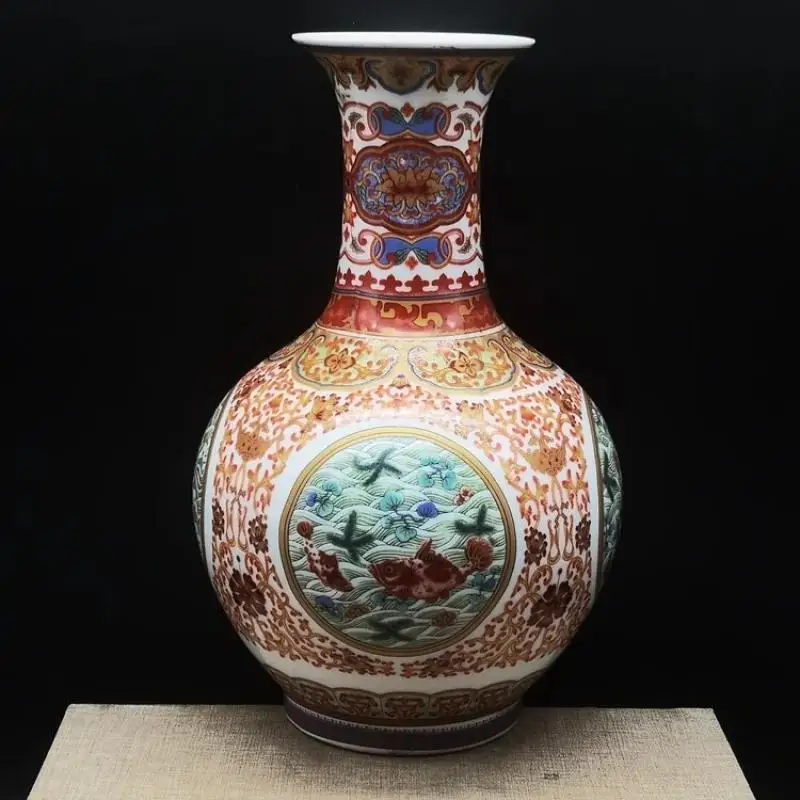 

Chinese Qing Qianlong Red Enamel Porcelain Lotus Fish Pattern Vase 9.3 inch