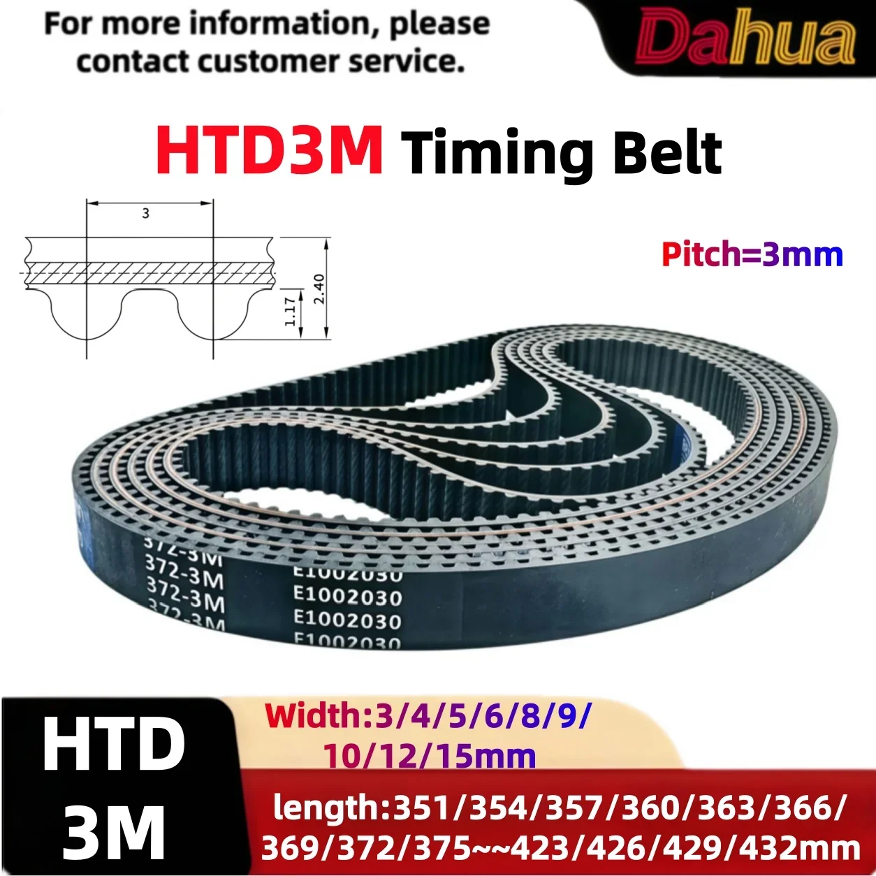 HTD3M Timing Belt Closed Loop Rubber Synchronous Belt 3mm Pitch 351-432mm L 3-15mm W for 3D Printer CNC Laser Engraver Machines