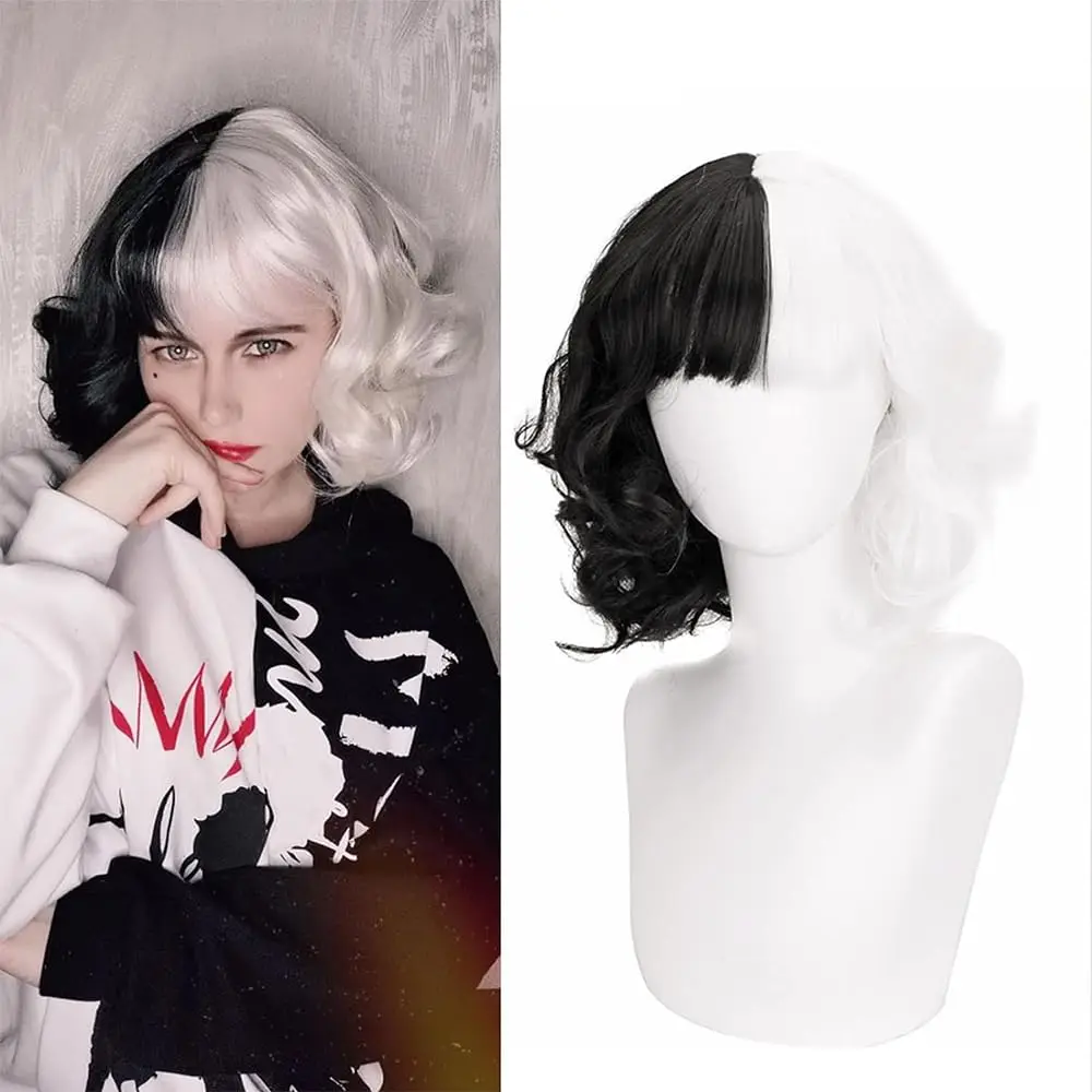أبيض وأسود ثنائي اللون شعر مستعار ساحرة قصيرة مجعد موجات مع الانفجارات المستقيمة بوب نمط مقاومة للحرارة الألياف الاصطناعية شعر مستعار للحفلات