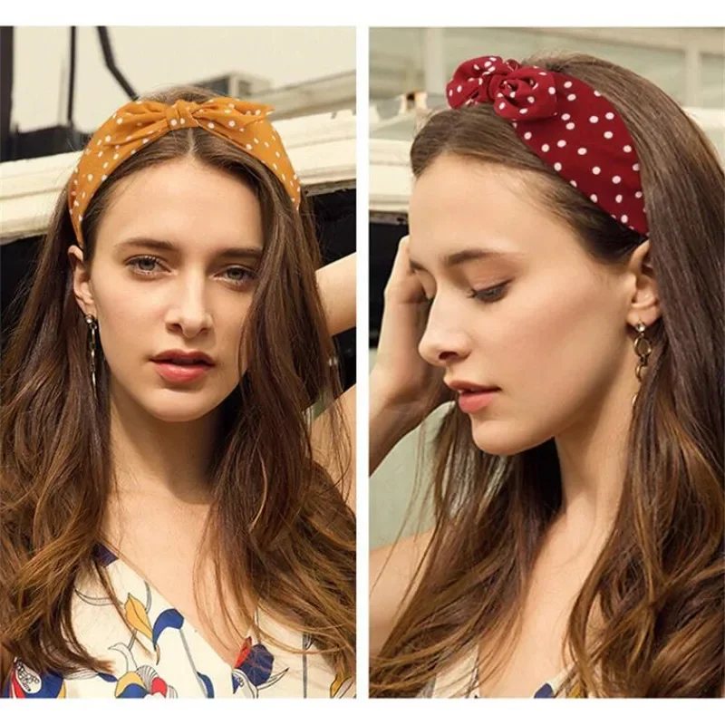 New Vintage Dot Print Bows Hair Hoop Women Headband Cute Rabbit Ears Lady Girls Hair Band Bow Hairbands Hair Accessories