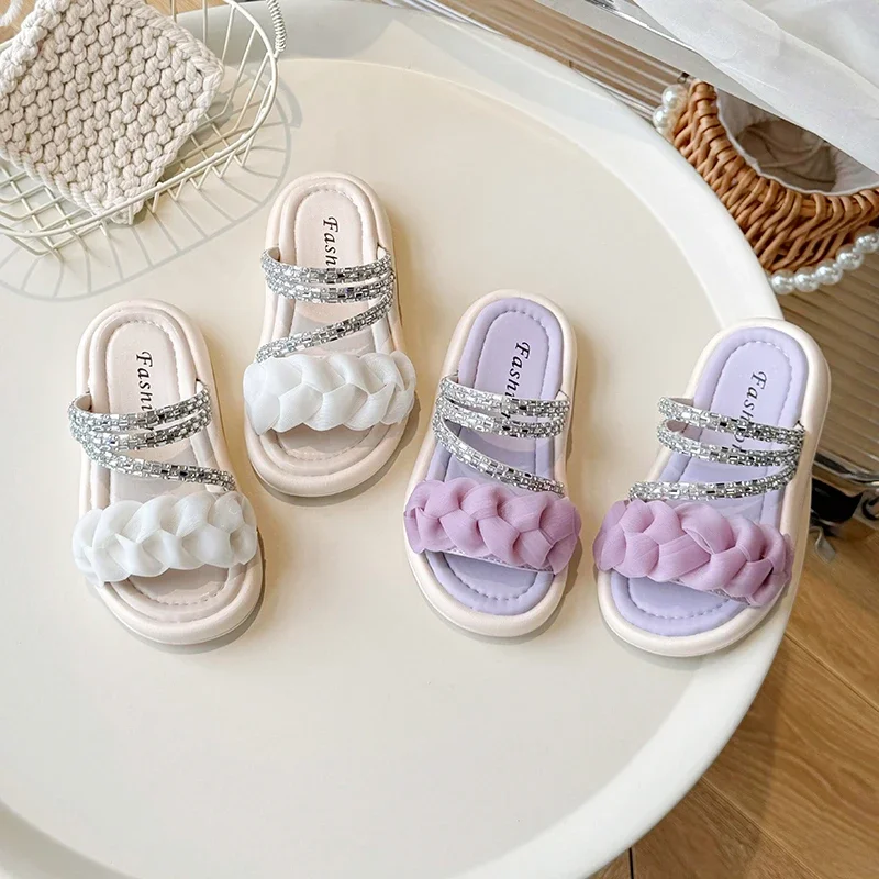 Girls' Princess Slippers Outdoor Kids Summer Sandals with Sweet Pleated Kids Fashion Versatile Sandals for Vacation Soft Sole