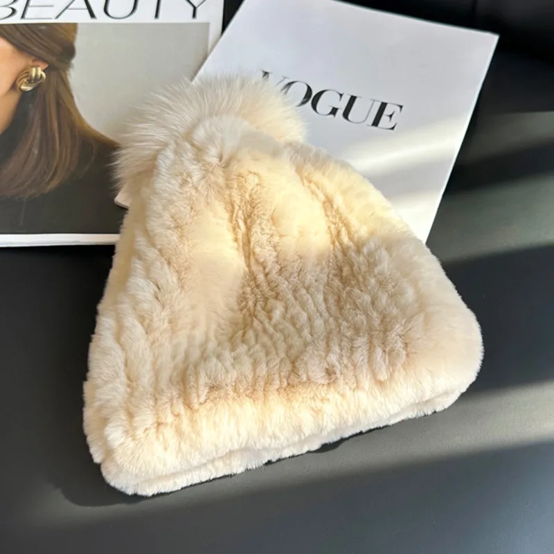 Real Rex Rabbit Fur Hat For Women Winter Thickened Fur Hat Warm Ear Protection Hat Hand Knitted Fur Hat Outdoor Natural Fur Hats