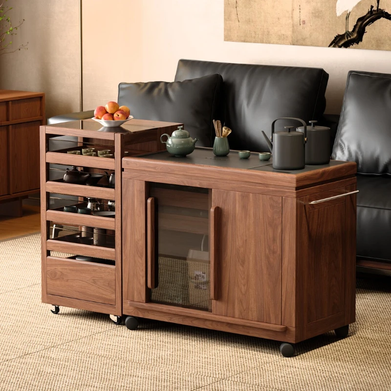 Wooden solid wood movable tea table Living room tea cabinet with tea making small apartment balcony table coffee table,