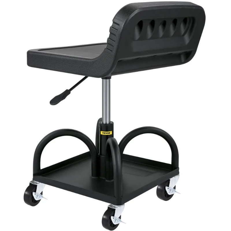 Adjustable Height Rolling Garage Stool 300LBS Capacity Black Mechanic Seat Swivel Wheels Tool Tray Workshop Auto Repair Shop