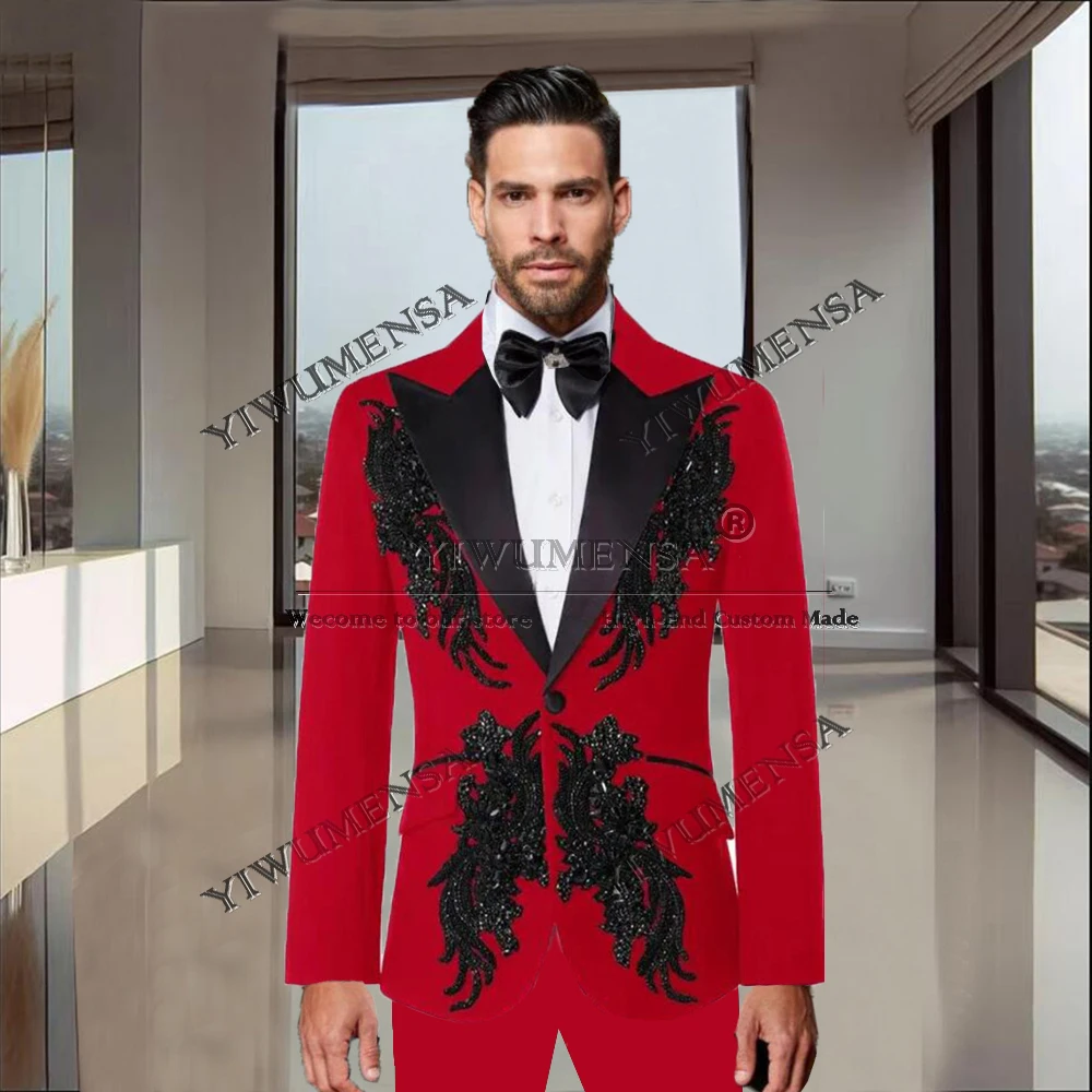

Luxury Wedding Suits For Men Sparkly Metallic Jewelry Beads Appliques Prom Blazers Customized 2 Pieces Jacket Pants Groom Tuxedo