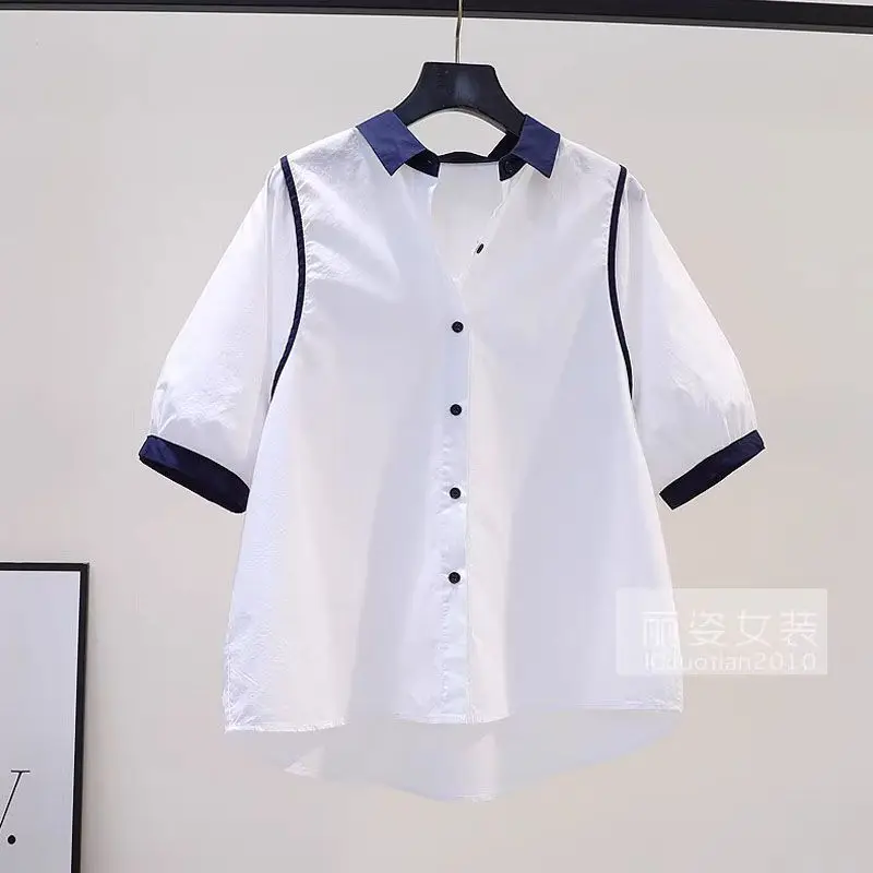 

Хлопковая рубашка с цветным воротником, женская свободная повседневная рубашка с короткими рукавами, летний универсальный модный топ в стиле ретро 2023 года