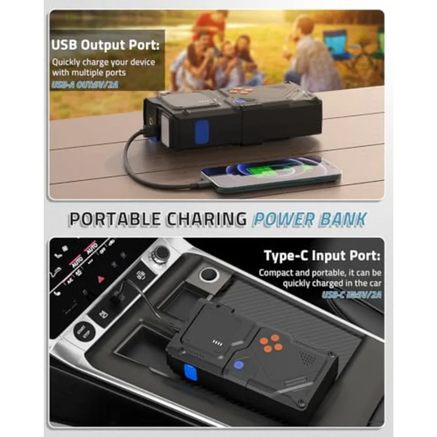 Portable Jump Starter with Air Compressor 150PSI and 6000A Peak Current for All Gas and 10L Diesel Vehicles Includes Ti