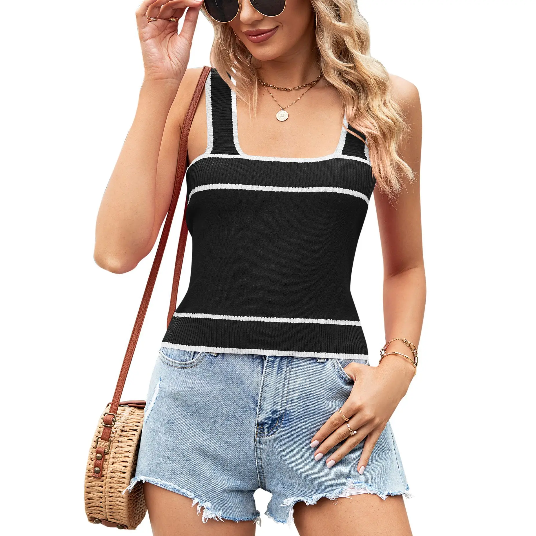 Summer Women's Crop Top 2024 New Knitted Sweater Short Cropped Vest Women's Summer Top Contrast Casual Camisole Top Women