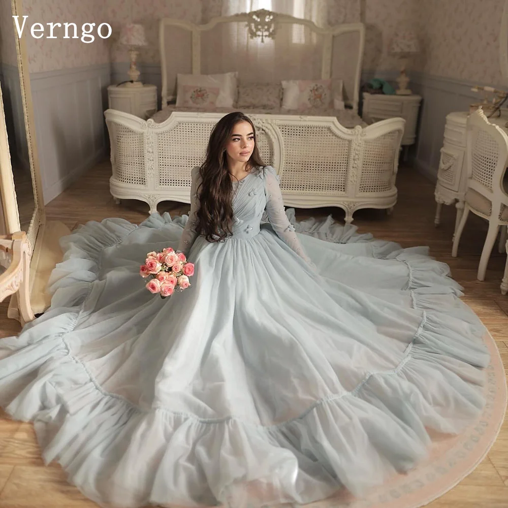 

Verngo Blush Blue Tulle Evening Dress O Neck Full Sleeves A Line Formal Occasion Dress Modest Prom Party Gowns Customized