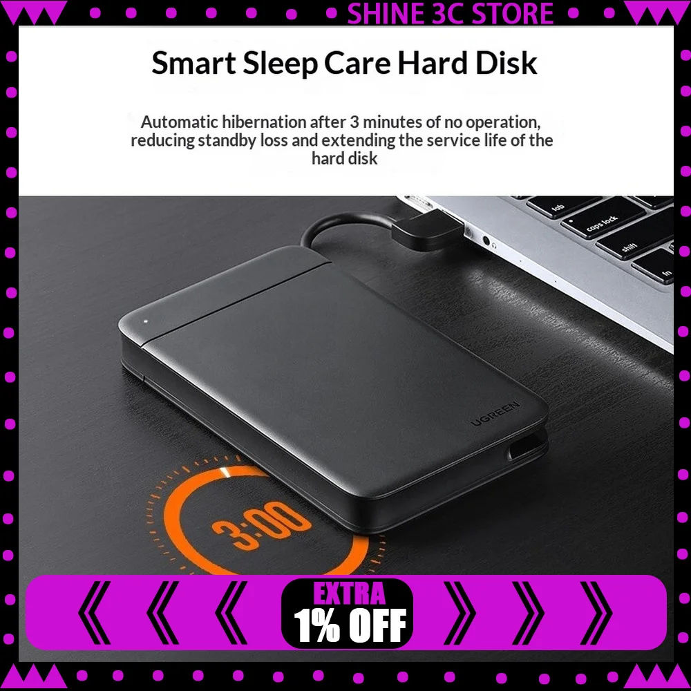 UGREEN 80555 2.5 Inch SATA to USB 3.0 External Hard Drive Enclosure Cable Attached HDD SSD Case for Laptop Desktop