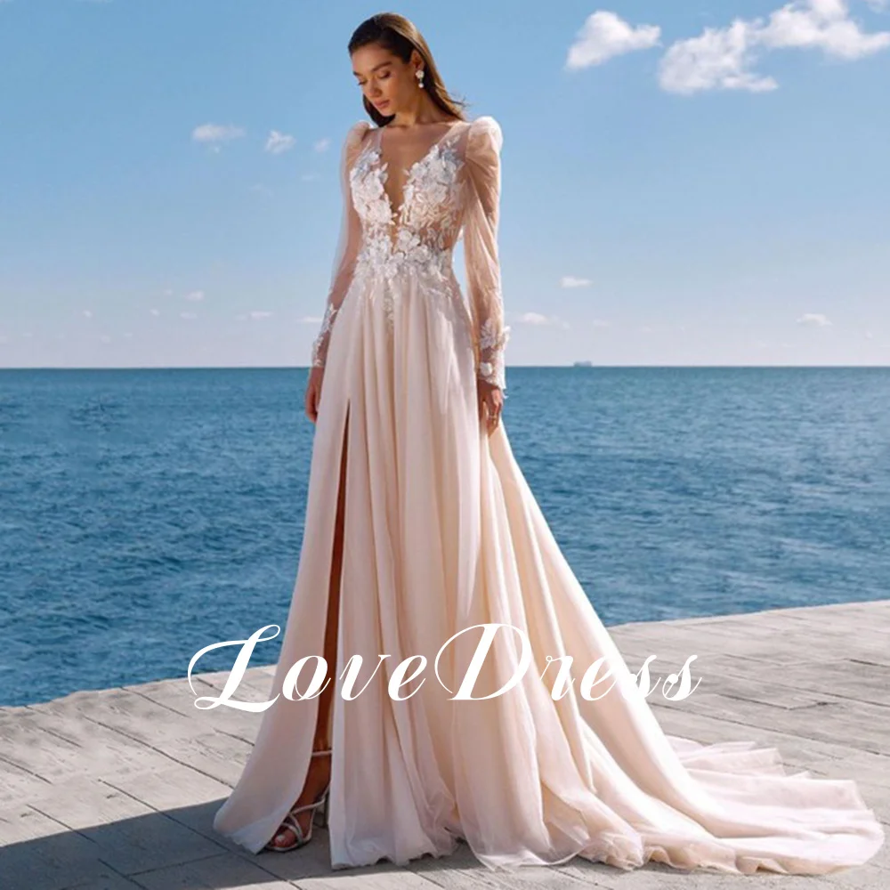 Lovefur s-Robe de mariée en tulle à col en V profond, appliques en dentelle fendue sur le côté, manches longues, train dos nu Boho, robe de mariée de plage