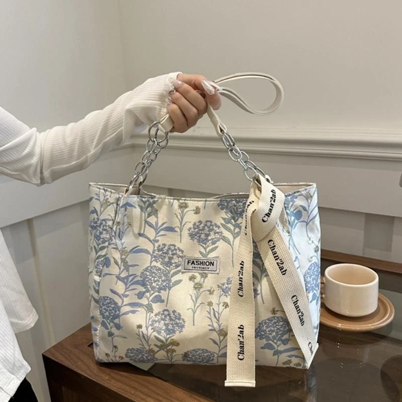 

A3PE Embroidered Flower Handbag Canvas Shoulder Bag with Soft Structure and Inner Pockets Large Capacity Top Handle Bag