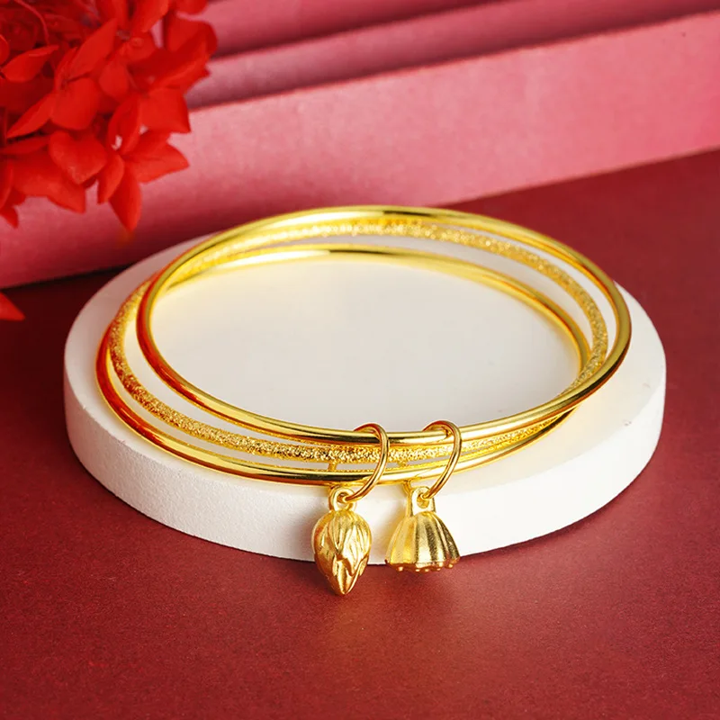 Polished & Matte Lotus Seedpod Closed Bangle Women's 24K Gold AU999 - Dual-texture seedpod, wrist-framing, suitable for dating