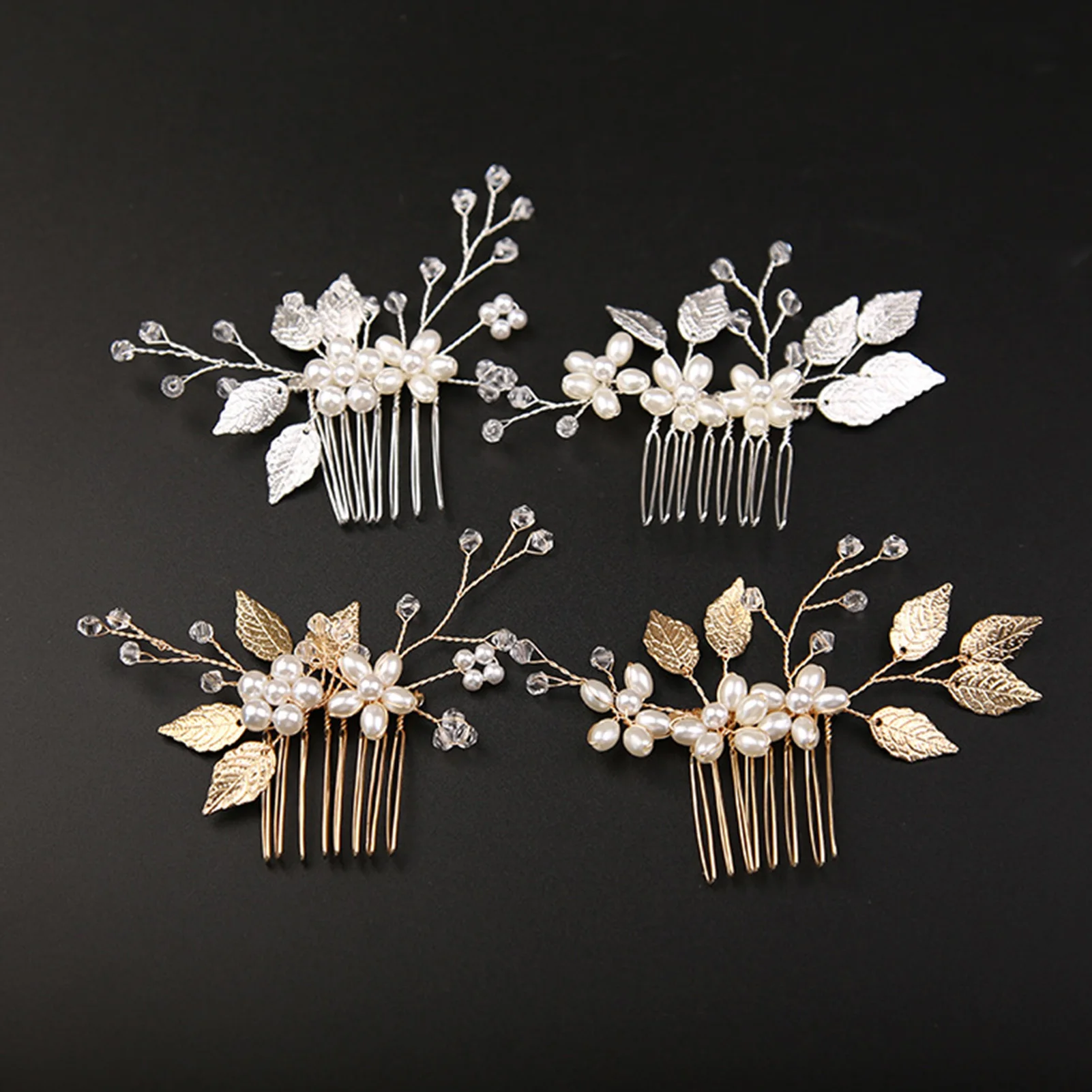 Leaf Hair Comb with Rhinestone Pearl Woman Metal Comb Barrette with Pearl for Woman Hair Decorative Ornaments