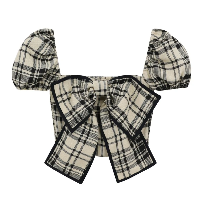 Korobov Bow Plaid Shirts for Women Square Collar Puff Sleeve Slim Summer Crop Y2k Tops Korean Fashion Blusa Mujer Moda 2023