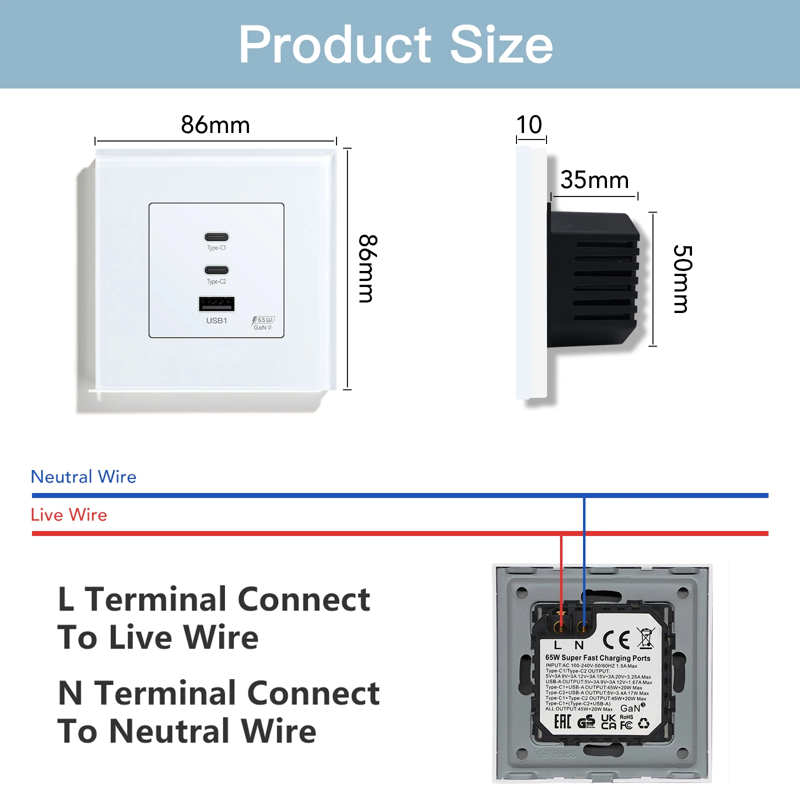 BSEED Universal Wall Sockets Function Part 65W PD Fast Charge Port USB Type-C Quick Charge Adapter DIY Module Part Without Frame