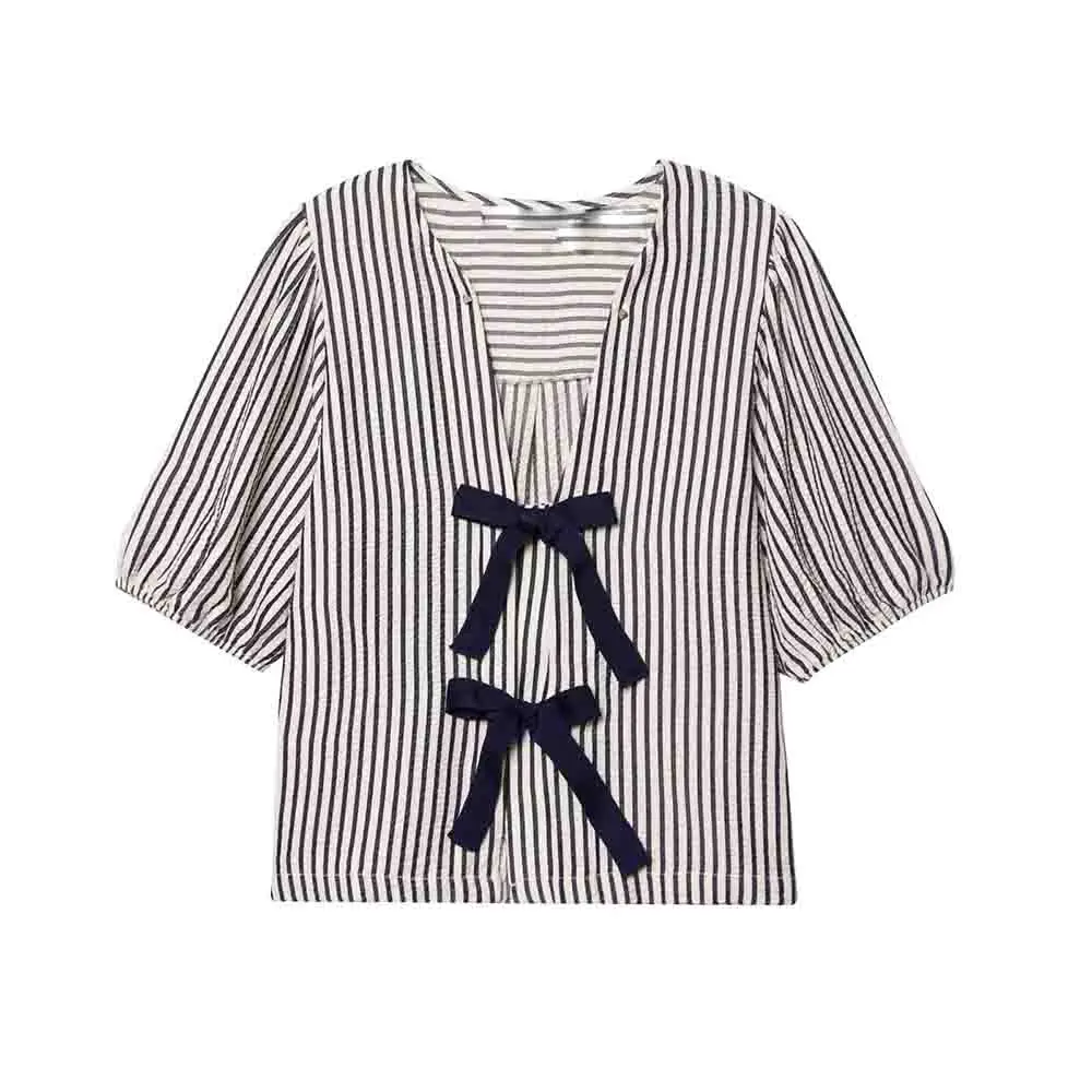 

Women's new fashion bow decoration casual versatile V-neck striped top retro short sleeved women's shirt chic top