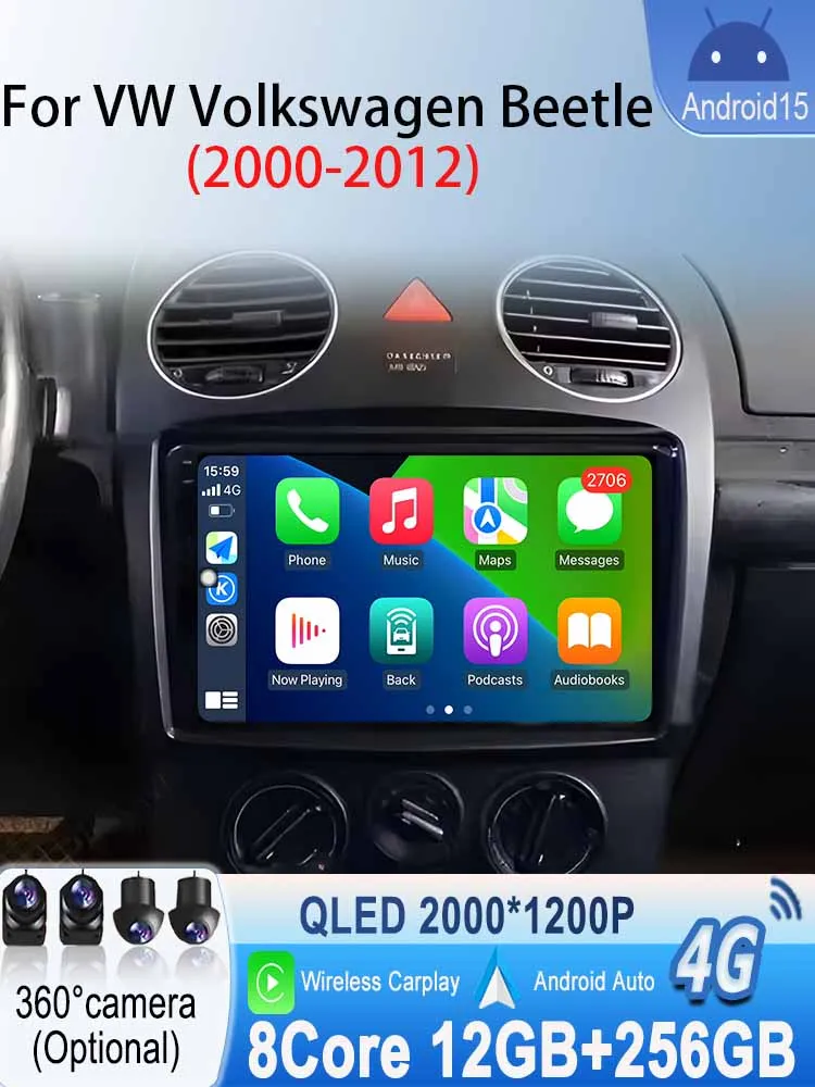 Carplay Auto Android Srereo Android 15 voor VW Volkswagen Kever 2000-2012 Auto Video Radio Multimedia GPS Navigatie Speler DVD - afbeelding 2