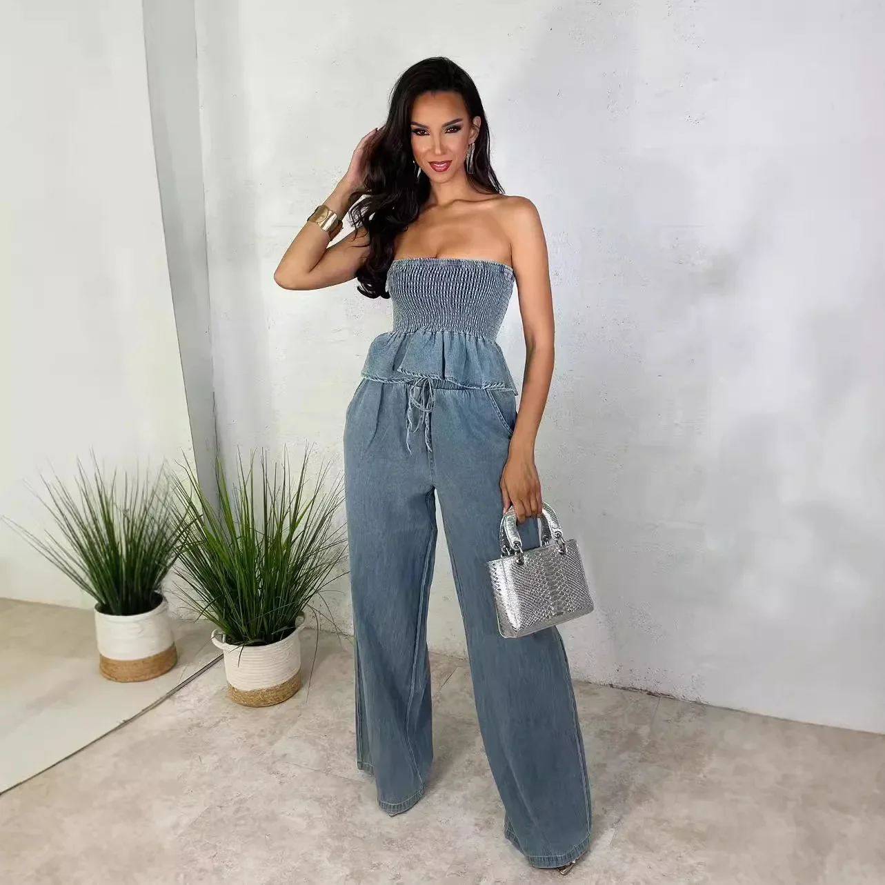 

Women Denim 2 Piece Sets Strapless Top Wide Leg Pants Stretch Jeans Suits Lace Up Trousers Ensemble Streetwear Outfits 2025