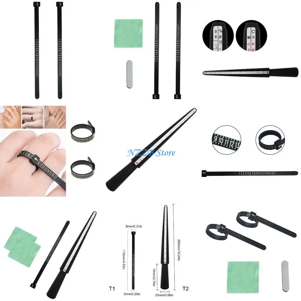 

T21F Compact Finger Size Gauge Set Convenient Rings Size Measurement Tools Portable Sizer Set with Wiping Cloth and Sponge