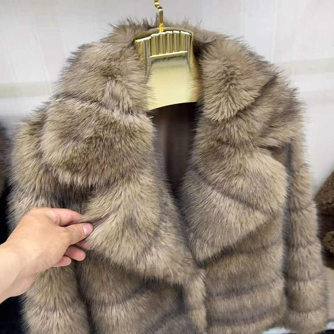 Women's high-quality large lapel faux fox fur coat winter fashion fur integrated faux fur jacket Fake fox fur coat