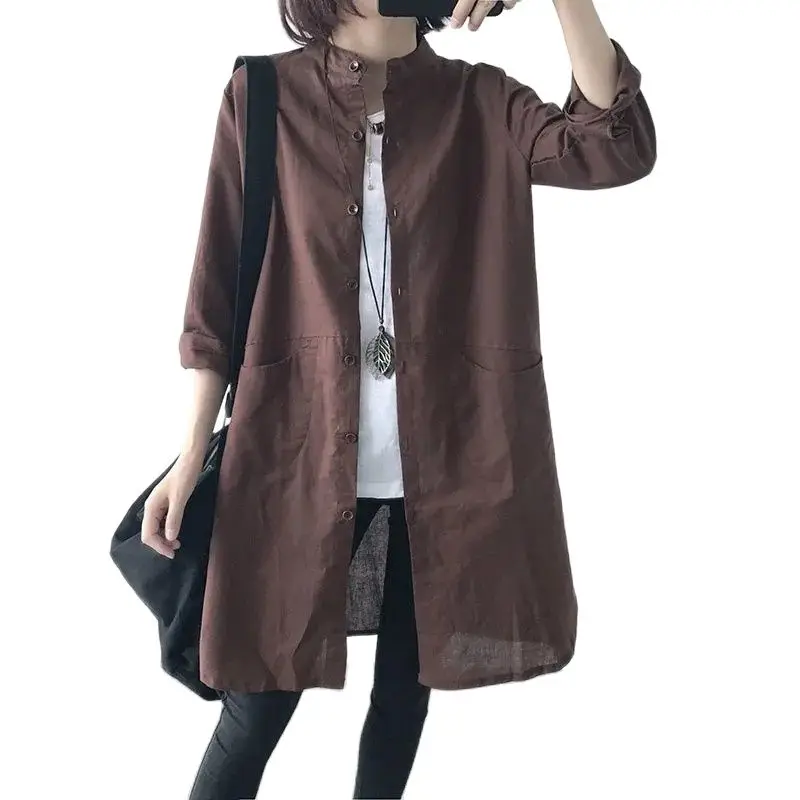 

Loose Cotton Linen Medium Long Women's Shirt Summer New Ladies Jacket Wild Solid Color Long Sleeves Crew Neck Sun Protection Top