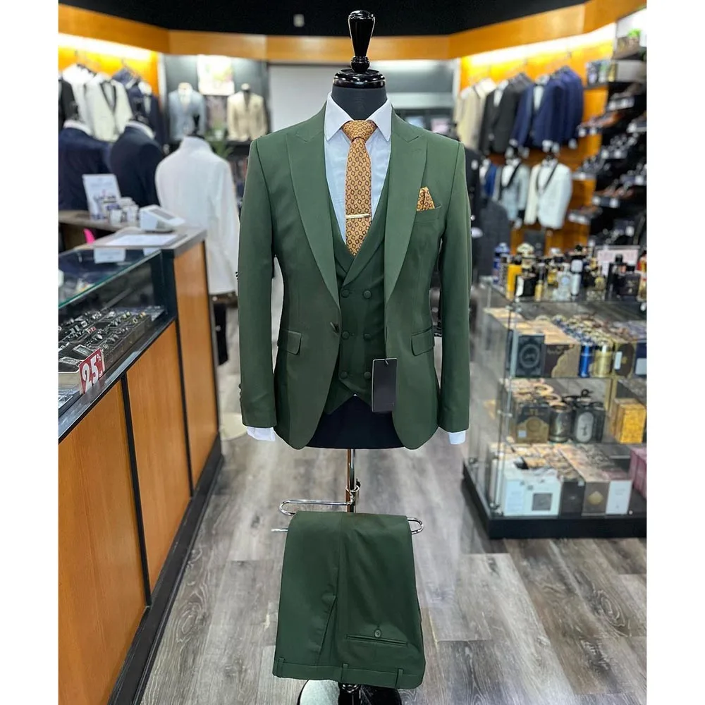 Formal Green Men Suits One Button Slim Fit Flat Front 3 Piece Jacket Pants Vest Blazer Custom Wedding Male Clothing Outfits