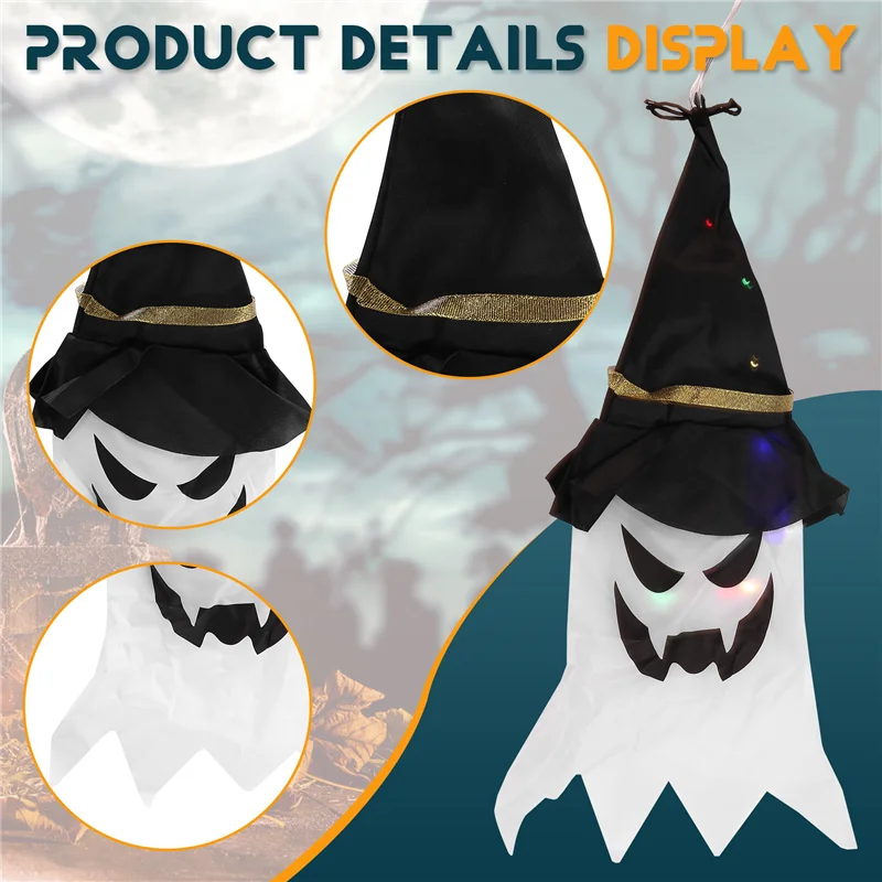 

AAAC-Halloween LED Flashing Light Hanging Ghost Halloween Party Dress Up Glowing Wizard Hat Lamp Horror Props Home Bar