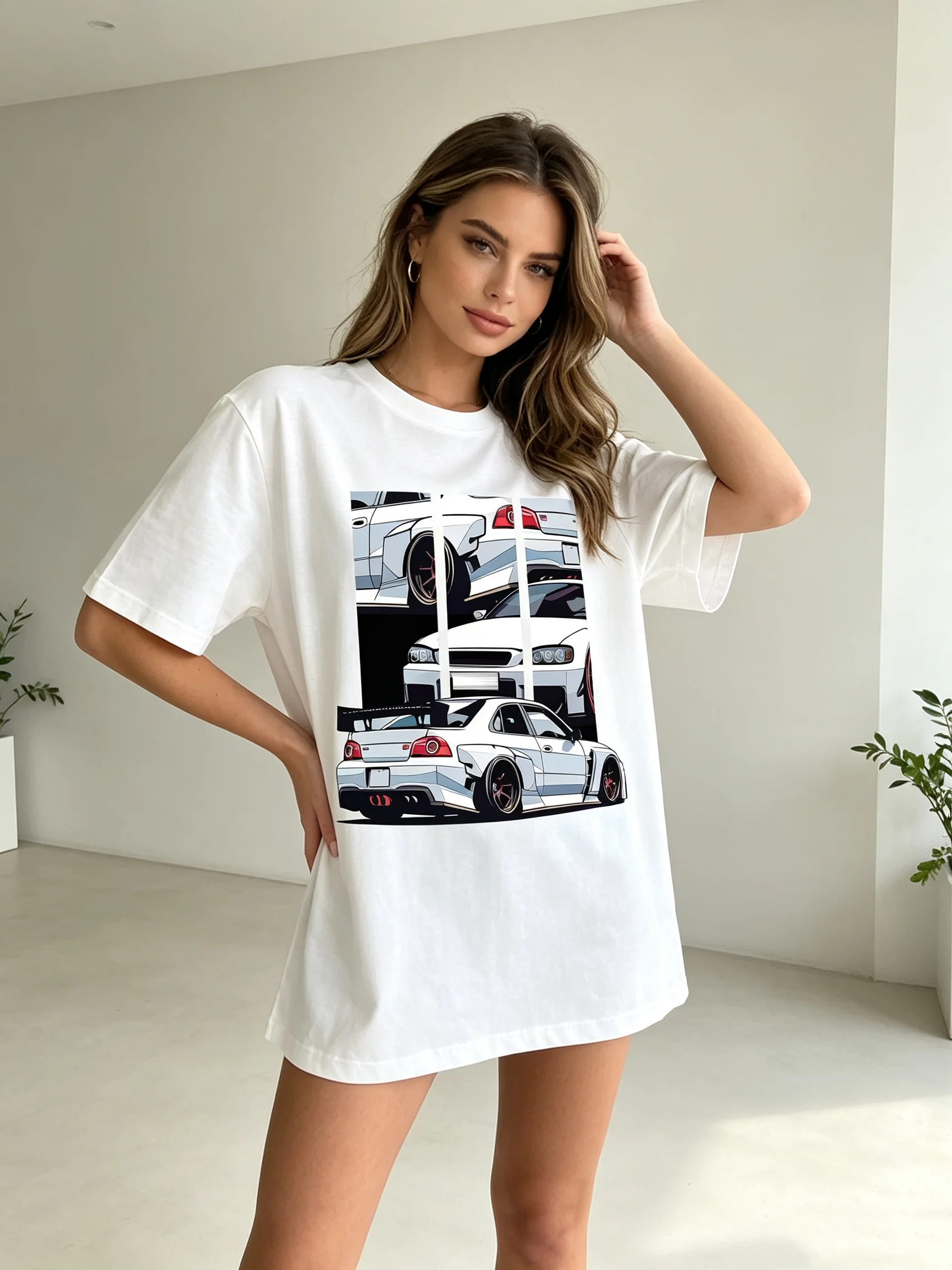 Women's Vintage Racing Style JDM Wide Body Car Print T-Shirt Soft Breathable Loose Fit Casual Tee