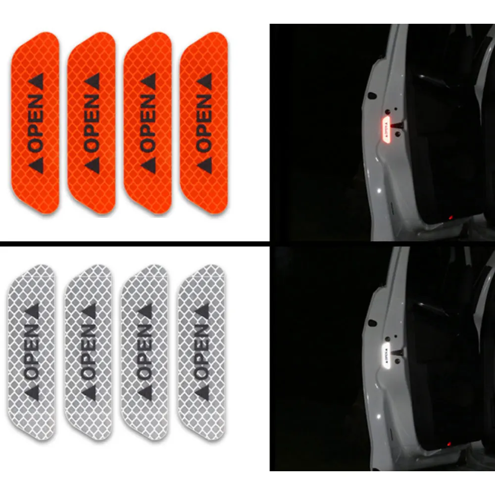 4pcs Reflective Car Door Sticker Safety Opening Warning Reflector Tape Decal Auto Car Accessories Exterior Interior Reflector