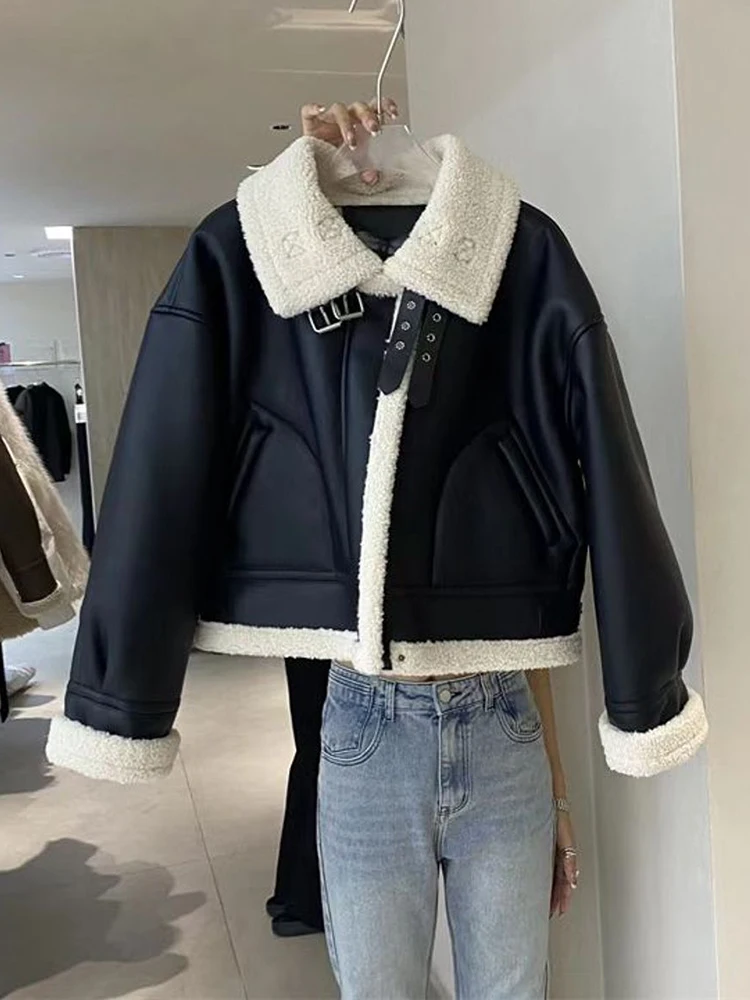 

Women Faux Fur Lamb Jacket 2023 Winter Ladies Short Thick Coat Vintage High Street Warm Spliced Female Chic Motorcycle Outwear