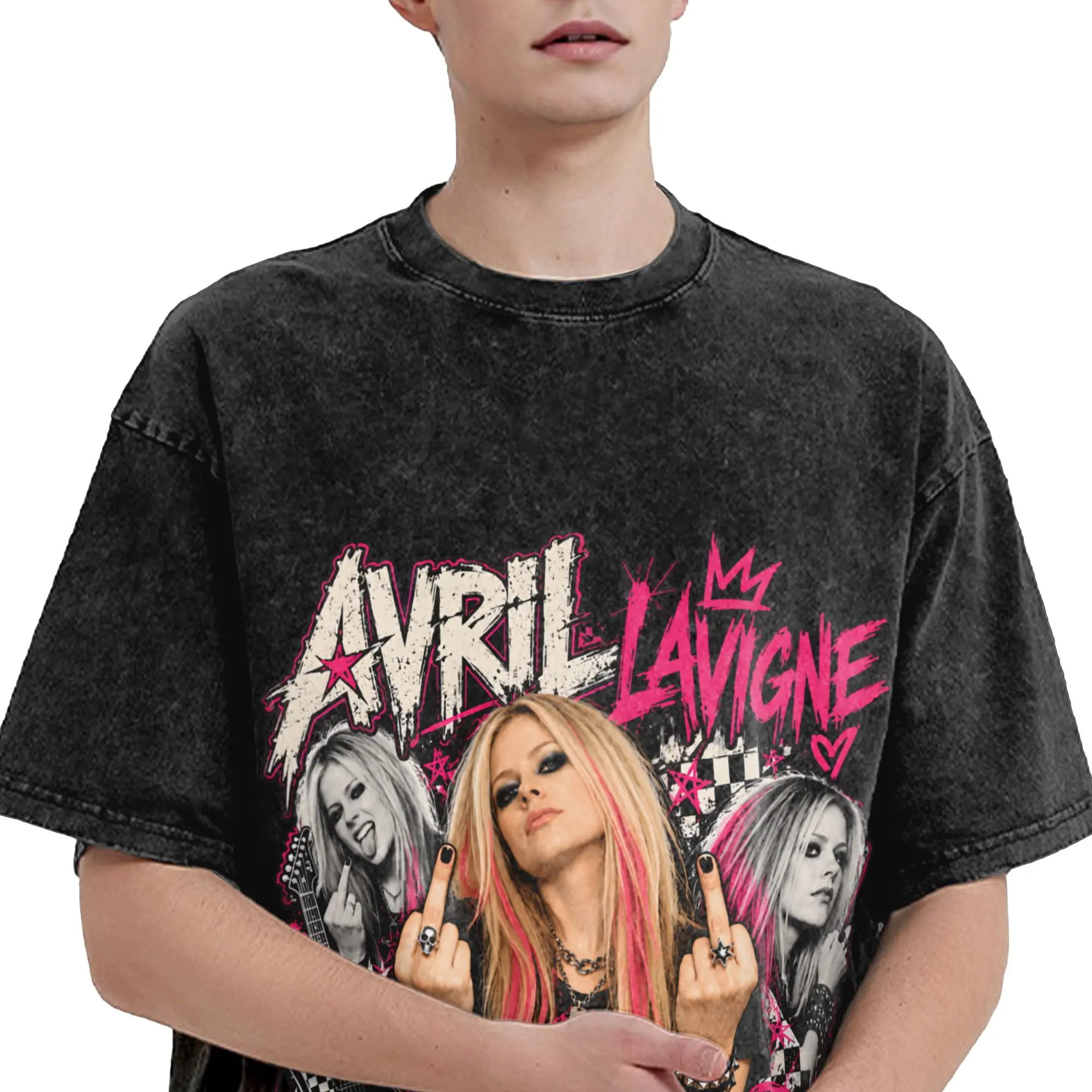 Avril Lavigne Flipping The Bird  Outfit Washed T Shirt for Men Women Streetwear Hip Hop T-Shirt Printed  Tees Tops Short Sleeve