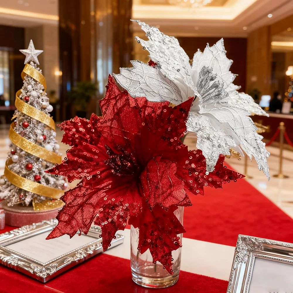 2 Stück künstliche Weihnachtsblumen, glitzernde und mit Pailletten verzierte Weihnachtssterne aus Stoff, künstliche Weihnachtsblumen zum Selbermachen – Detail 1