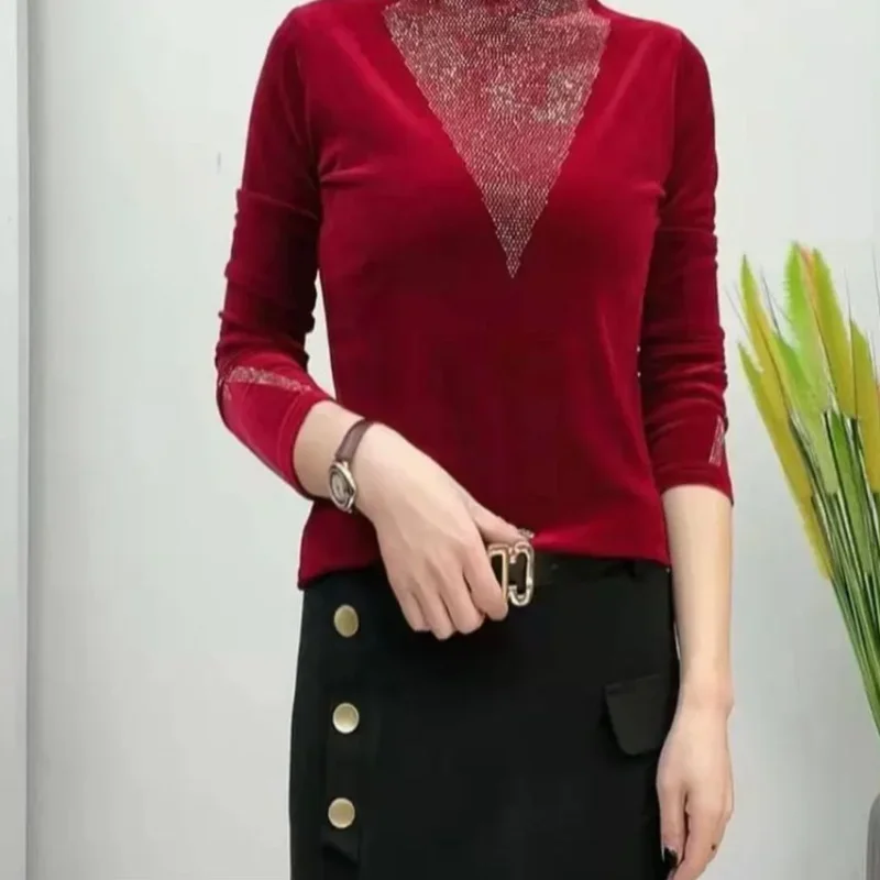 

Hot Diamond Long Sleeve Half High Neck T-shirt Fashion Top 2025 Spring and Autumn New Featured Velvet Western Style Slim Weight
