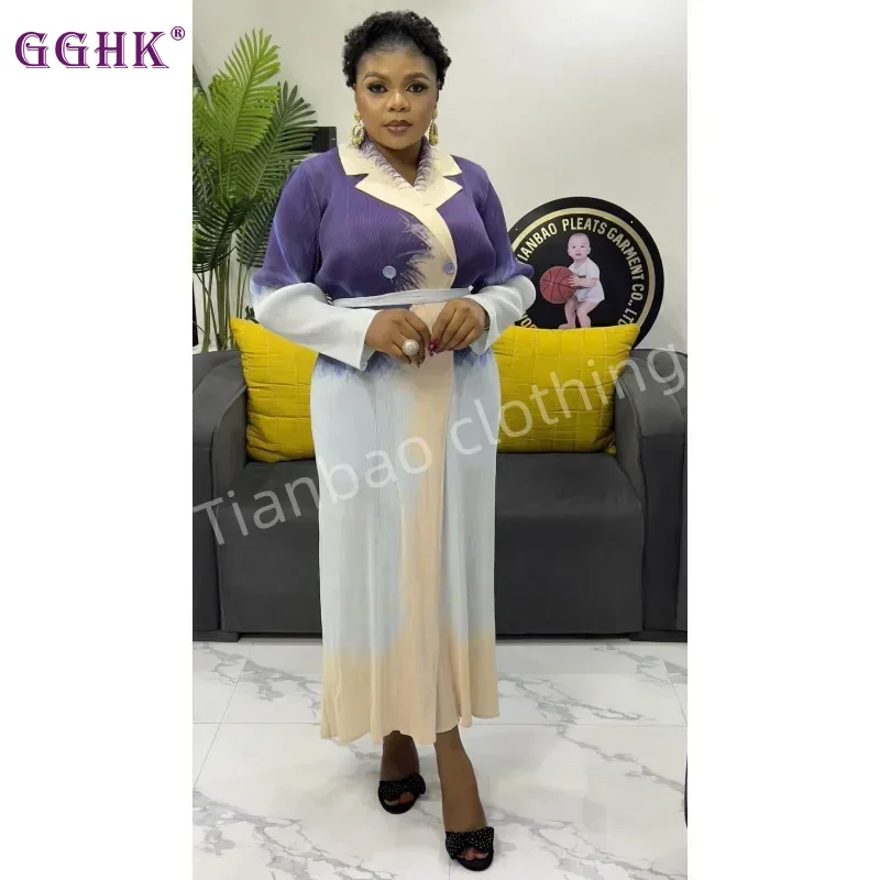 GGHK Pleated Women Large Size Trench 2025 Spring Autumn New Vintage Printed Loose Large Size Cardigan Tie Design Female Abaya