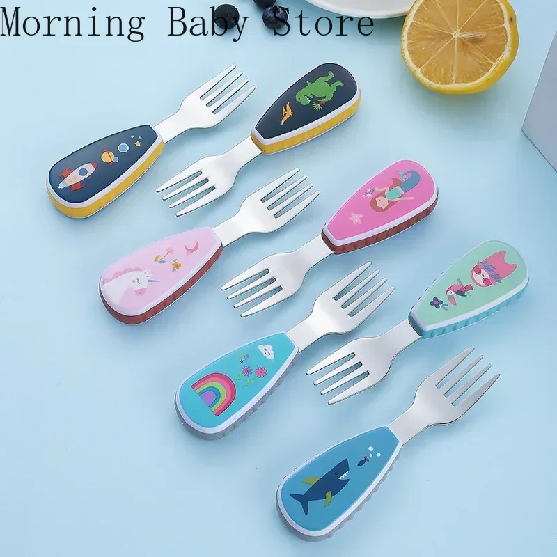 304 Stainless Steel Baby Feeding Spoon Fork with Storage Box Cartoon Printing Baby Food Supplement Set Children's Tableware