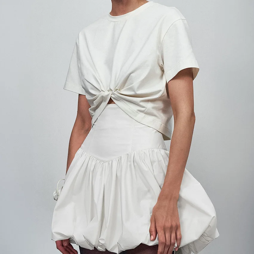 Temperamento: Gonna a mezza lunghezza versatile a vita alta in puro cotone, nuova gonna corta alla moda estiva per donna